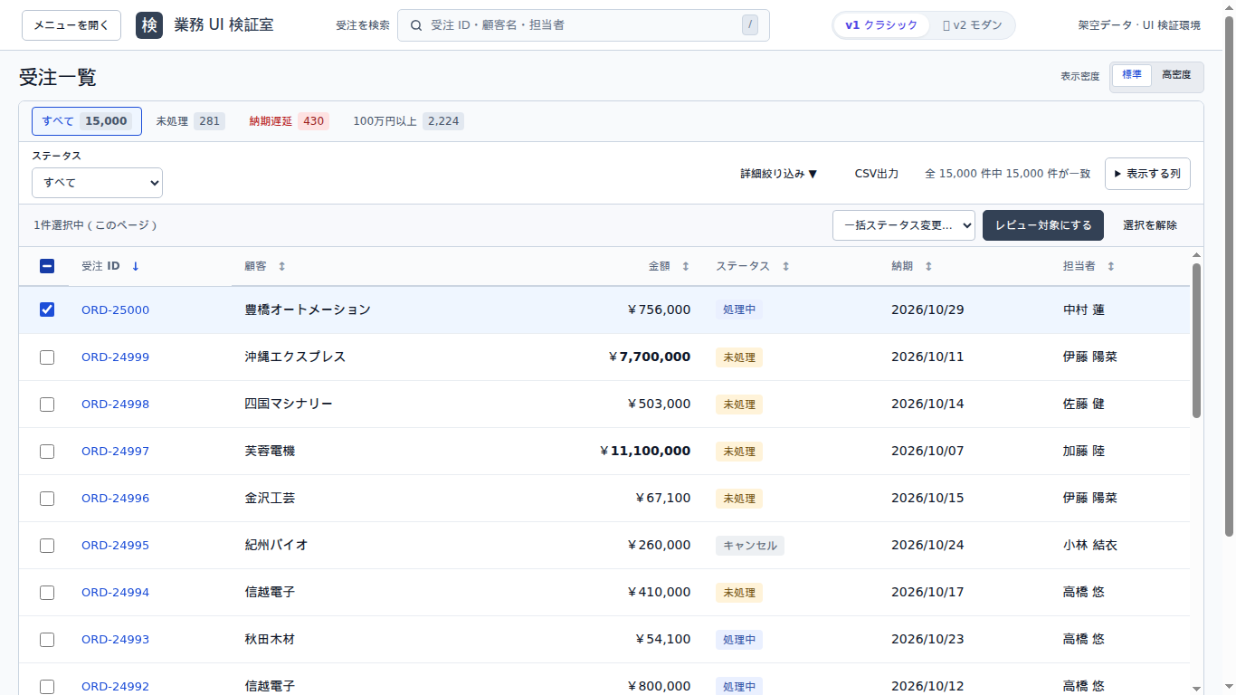 v1で1件を選択した画面。表の上へ一括操作欄が追加されている