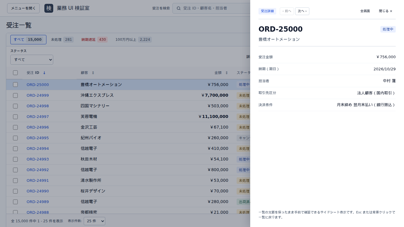 改修後の受注詳細。右側の520pxの領域で受注を確認し、背景の一覧は暗く表示している