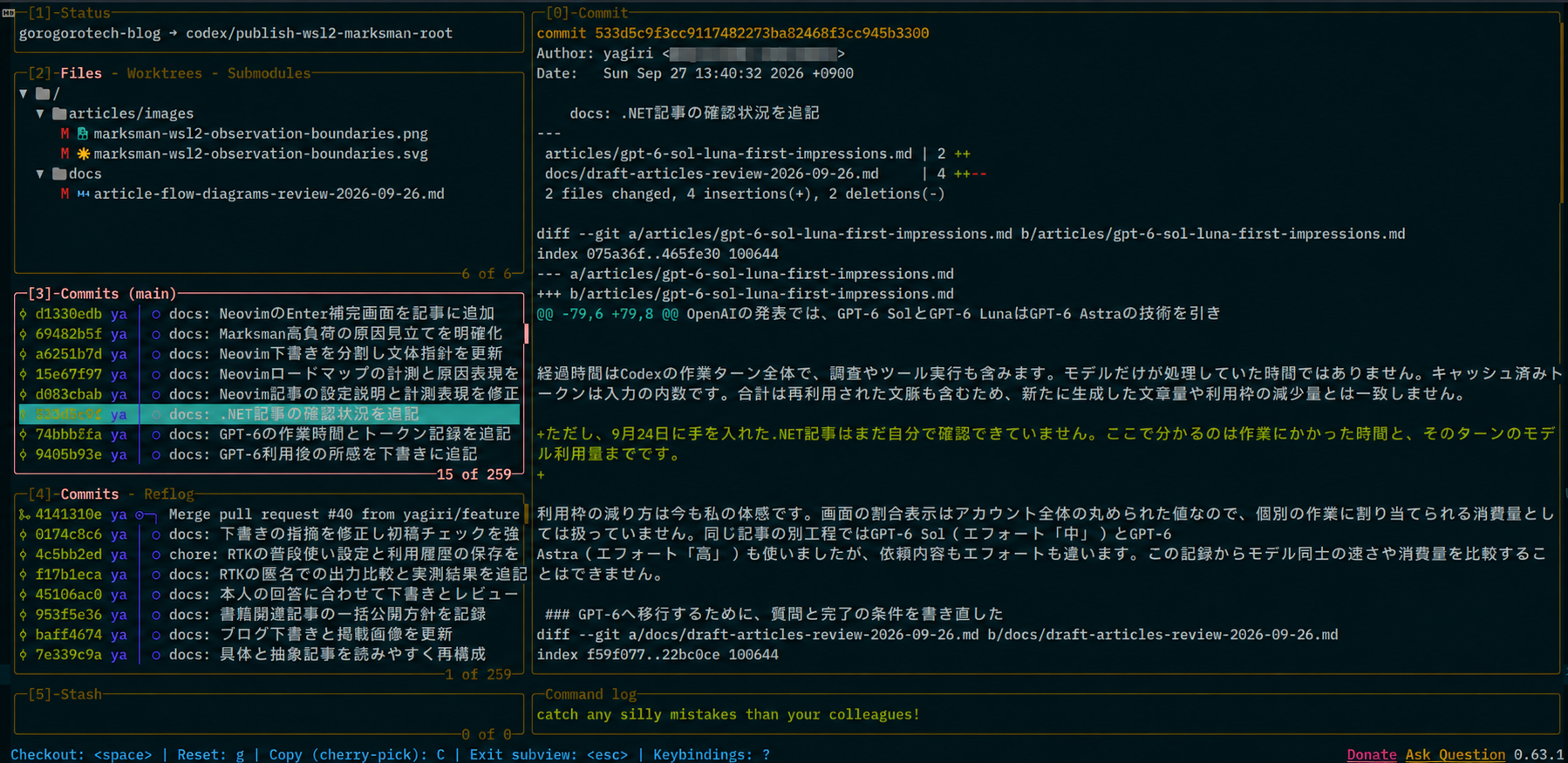 Neovim内でLazyGitを開いた画面。作者欄のメールアドレスは伏せている
