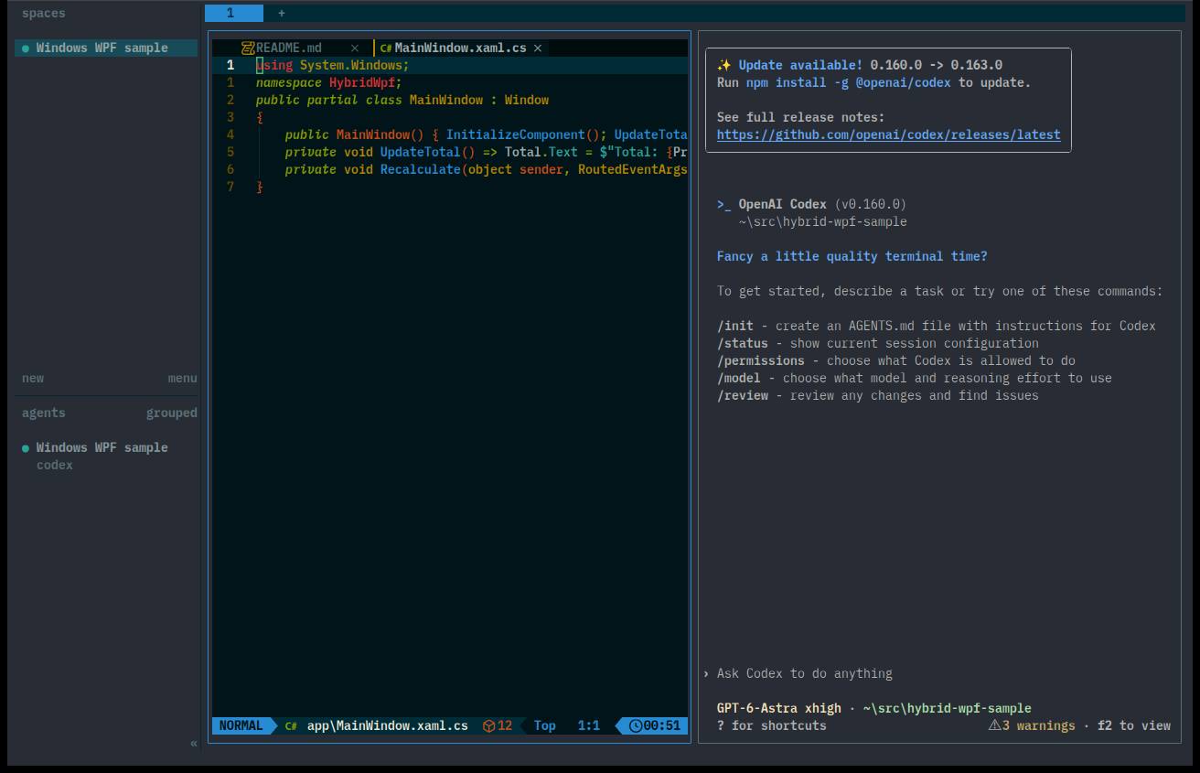 WindowsネイティブのHerdrで左にNeovimのC#コード、右にCodexの入力画面を並べた状態